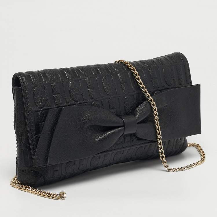 Pre Owned CH Carolina Herrera Black Monogram Embossed Leather Bow Flap Chain Shoulder Bag