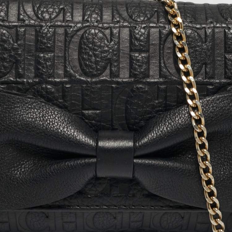 Pre Owned CH Carolina Herrera Black Monogram Embossed Leather Bow Flap Chain Shoulder Bag