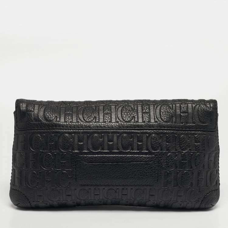 Pre Owned CH Carolina Herrera Black Monogram Embossed Leather Bow Flap Chain Shoulder Bag