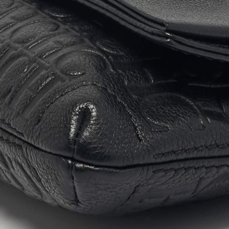 Pre Owned CH Carolina Herrera Black Monogram Embossed Leather Bow Flap Chain Shoulder Bag