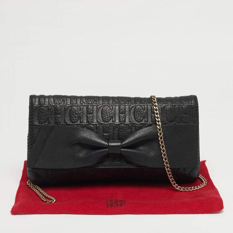 Pre Owned CH Carolina Herrera Black Monogram Embossed Leather Bow Flap Chain Shoulder Bag