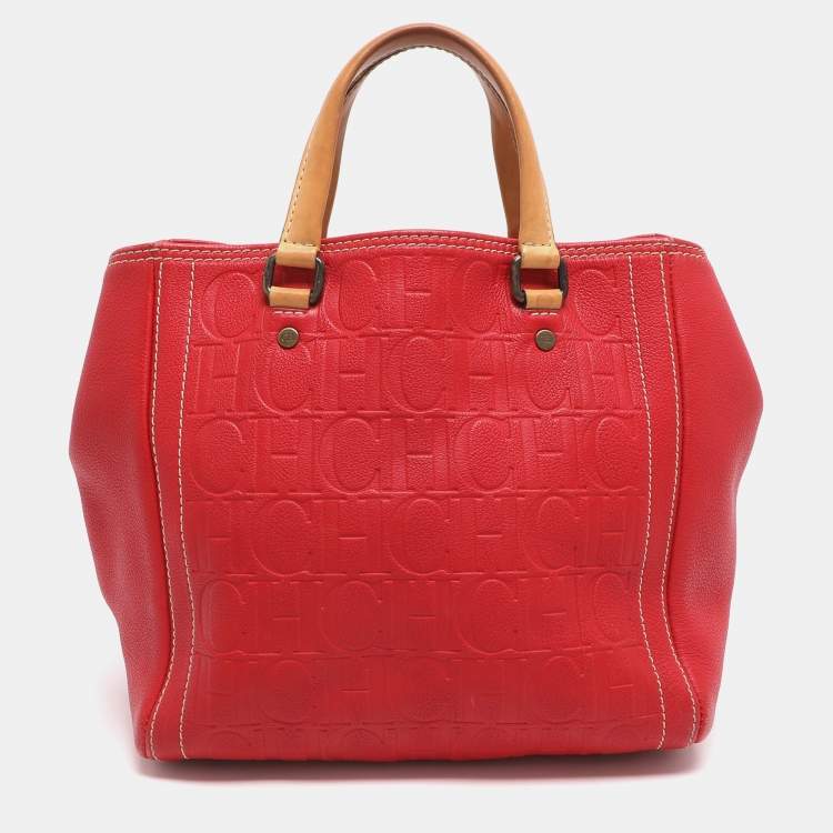 Pre Owned CH Carolina Herrera Red/Beige Monogram Embossed Leather Tote