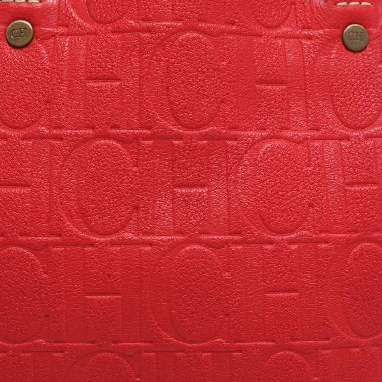 Pre Owned CH Carolina Herrera Red/Beige Monogram Embossed Leather Tote