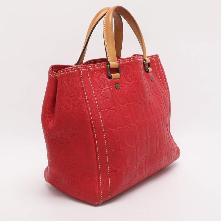 Pre Owned CH Carolina Herrera Red/Beige Monogram Embossed Leather Tote