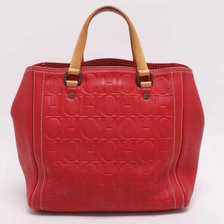 Pre Owned CH Carolina Herrera Red/Beige Monogram Embossed Leather Tote
