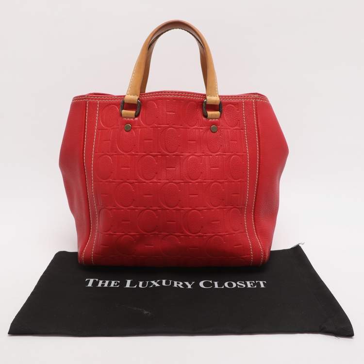 Pre Owned CH Carolina Herrera Red/Beige Monogram Embossed Leather Tote