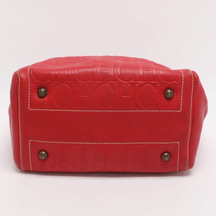 Pre Owned CH Carolina Herrera Red/Beige Monogram Embossed Leather Tote