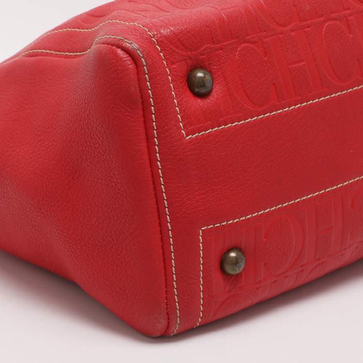 Pre Owned CH Carolina Herrera Red/Beige Monogram Embossed Leather Tote