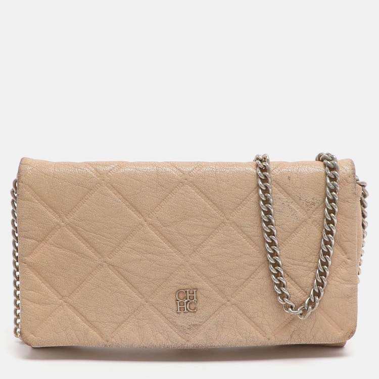 Pre Owned CH Carolina Herrera Beige Quilted Leather Chain Clutch