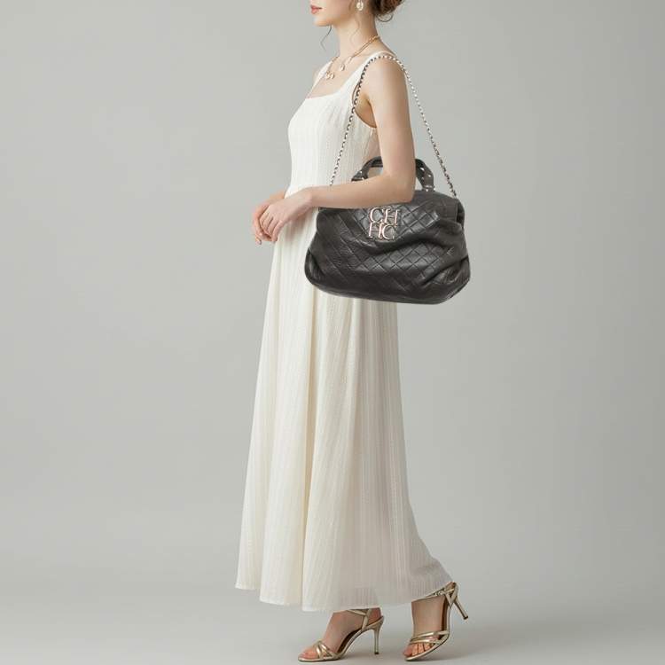 Pre Owned CH Carolina Herrera Pleated Chain Dark Brown Quilted Leather Satchel