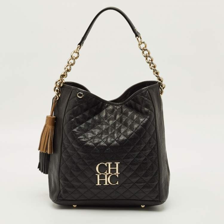 مملوكة مسبقًا CH Carolina Herrera Tassel Black Quilted Leather Hobo