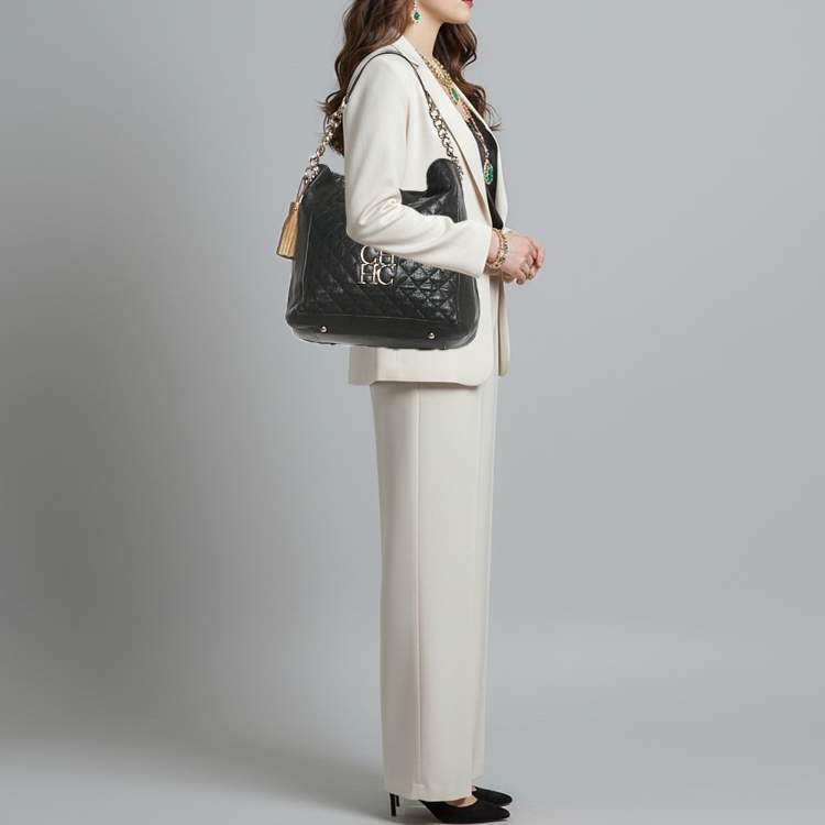 مملوكة مسبقًا CH Carolina Herrera Tassel Black Quilted Leather Hobo
