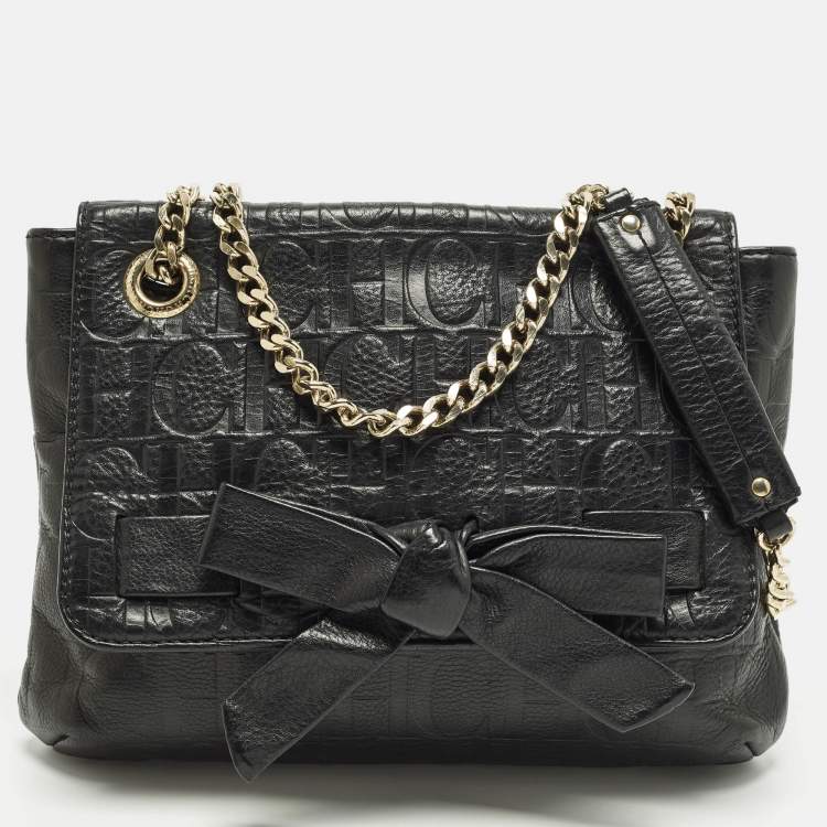 Pre Owned CH Carolina Herrera Audrey Bow Flap Black Monogram Embossed Leather Shoulder Bag