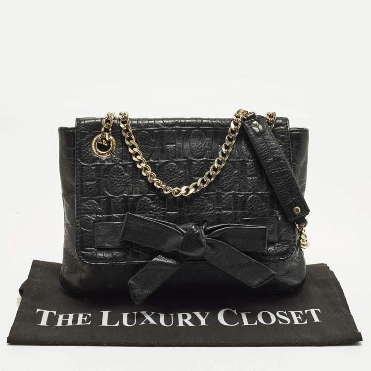 Pre Owned CH Carolina Herrera Audrey Bow Flap Black Monogram Embossed Leather Shoulder Bag