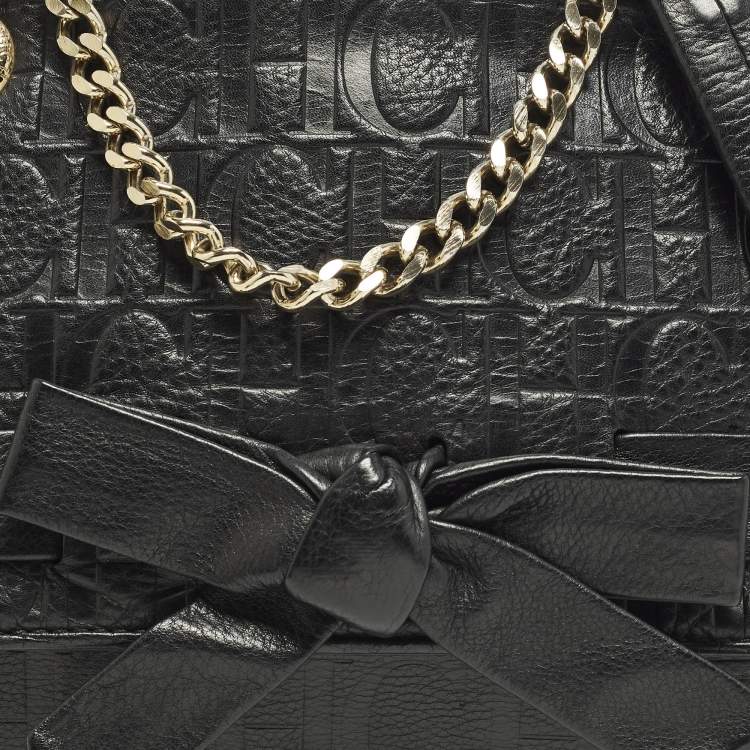 Pre Owned CH Carolina Herrera Audrey Bow Flap Black Monogram Embossed Leather Shoulder Bag