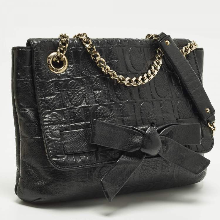Pre Owned CH Carolina Herrera Audrey Bow Flap Black Monogram Embossed Leather Shoulder Bag