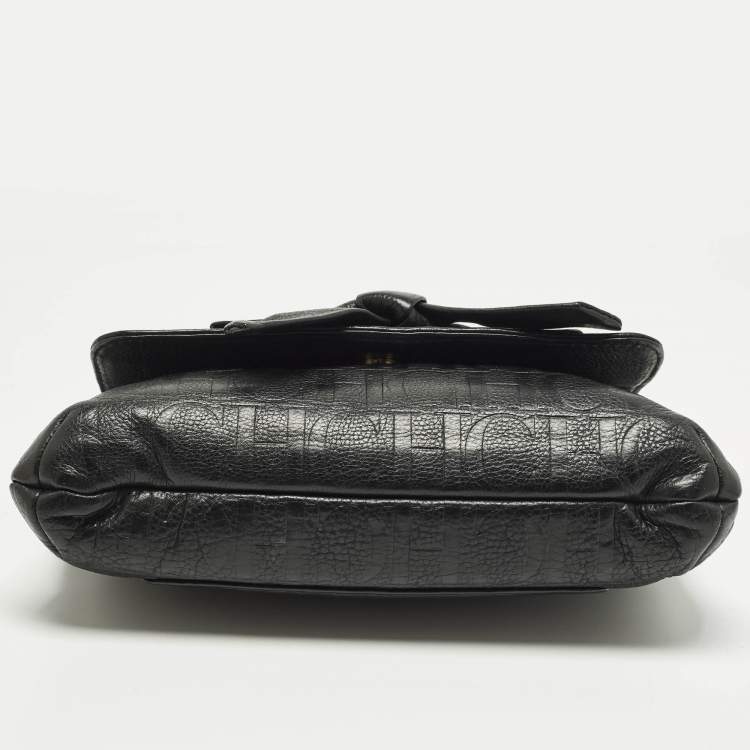 Pre Owned CH Carolina Herrera Audrey Bow Flap Black Monogram Embossed Leather Shoulder Bag
