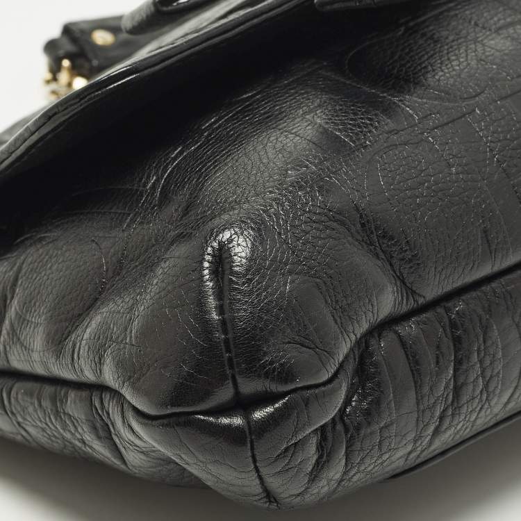 Pre Owned CH Carolina Herrera Audrey Bow Flap Black Monogram Embossed Leather Shoulder Bag