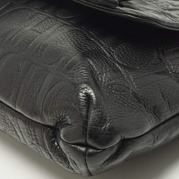 Pre Owned CH Carolina Herrera Audrey Bow Flap Black Monogram Embossed Leather Shoulder Bag