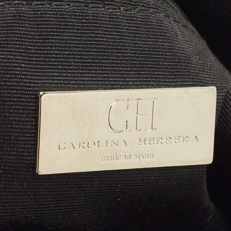 Pre Owned CH Carolina Herrera Audrey Bow Flap Black Monogram Embossed Leather Shoulder Bag