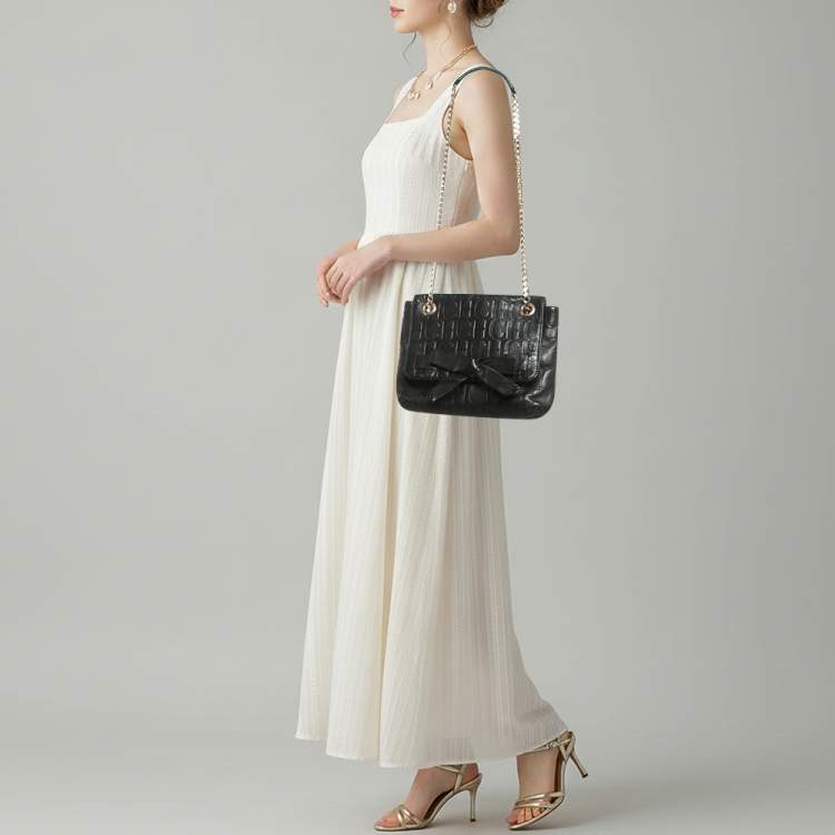 Pre Owned CH Carolina Herrera Audrey Bow Flap Black Monogram Embossed Leather Shoulder Bag