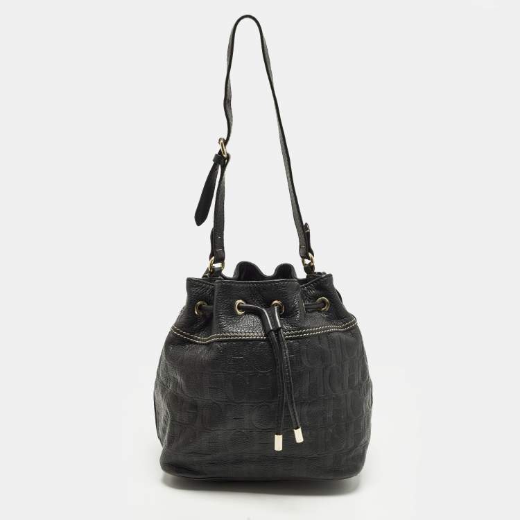 Pre Owned CH Carolina Herrera Black Monogram Embossed Leather Drawstring Bucket Bag