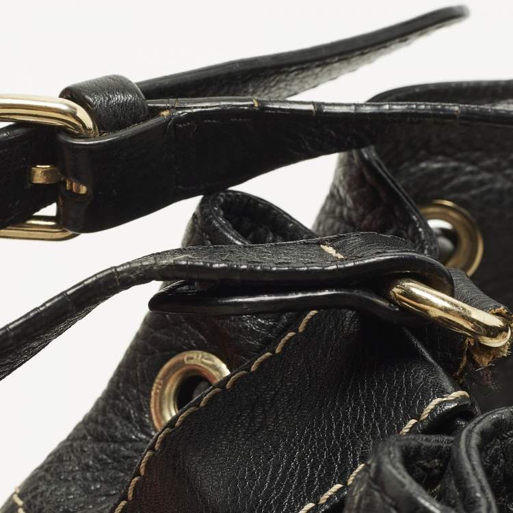 Pre Owned CH Carolina Herrera Black Monogram Embossed Leather Drawstring Bucket Bag