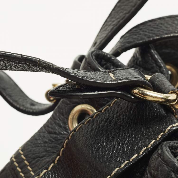 Pre Owned CH Carolina Herrera Black Monogram Embossed Leather Drawstring Bucket Bag