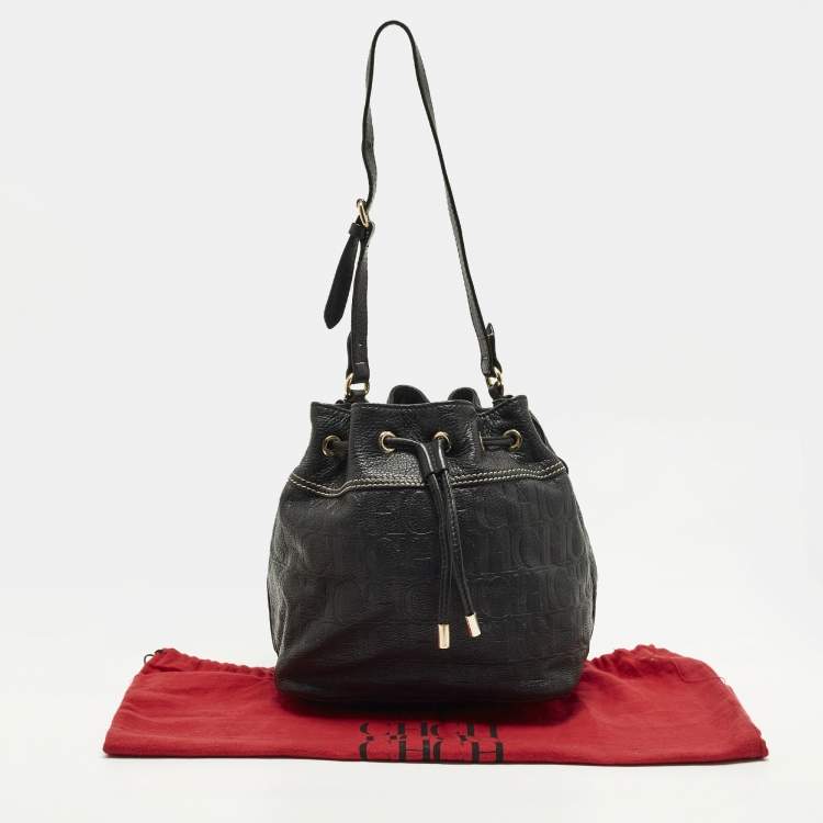 Pre Owned CH Carolina Herrera Black Monogram Embossed Leather Drawstring Bucket Bag