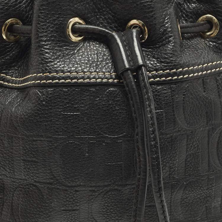 Pre Owned CH Carolina Herrera Black Monogram Embossed Leather Drawstring Bucket Bag