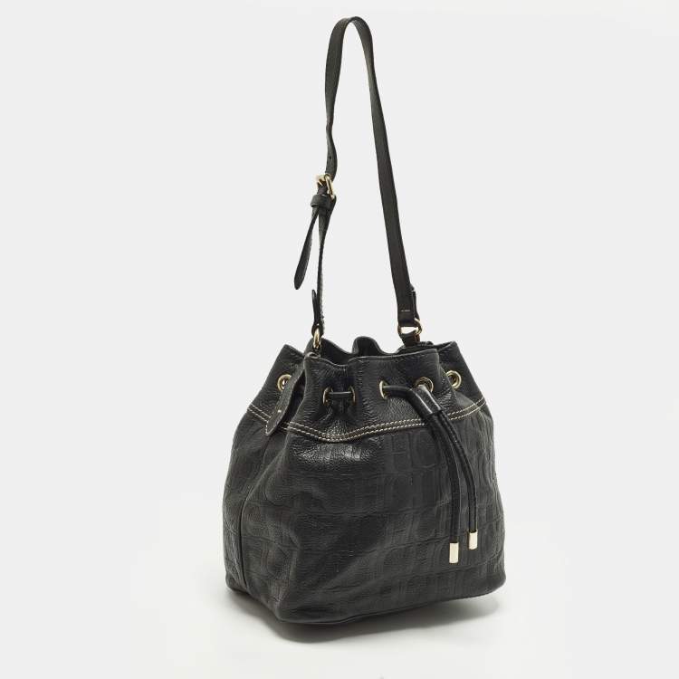 Pre Owned CH Carolina Herrera Black Monogram Embossed Leather Drawstring Bucket Bag