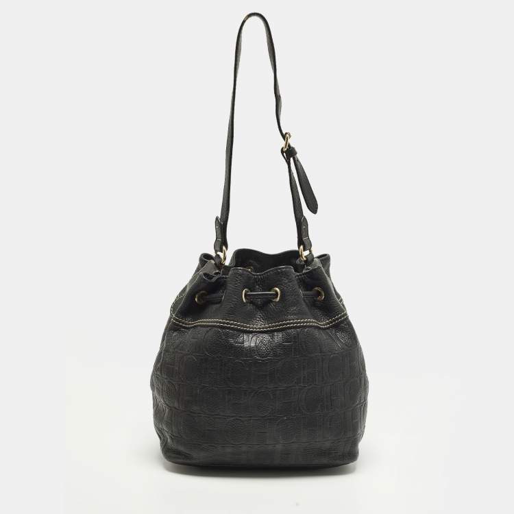 Pre Owned CH Carolina Herrera Black Monogram Embossed Leather Drawstring Bucket Bag