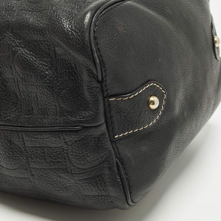 Pre Owned CH Carolina Herrera Black Monogram Embossed Leather Drawstring Bucket Bag