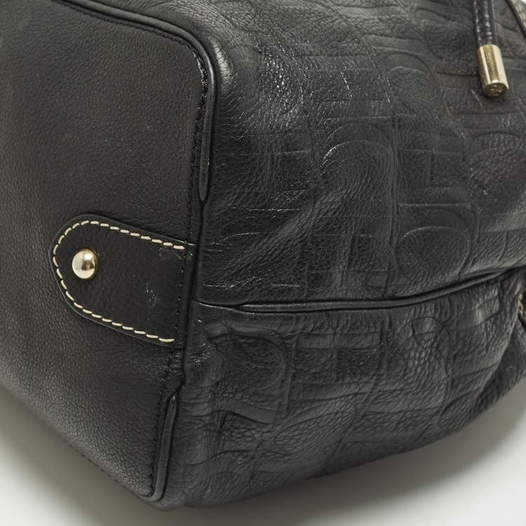 Pre Owned CH Carolina Herrera Black Monogram Embossed Leather Drawstring Bucket Bag