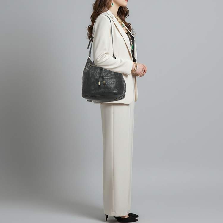 Pre Owned CH Carolina Herrera Black Monogram Embossed Leather Drawstring Bucket Bag