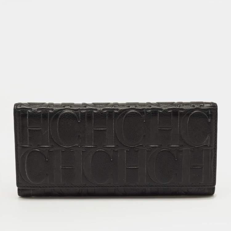 Pre Owned CH Carolina Herrera Black Monogram Embossed Leather Flap Continental Wallet
