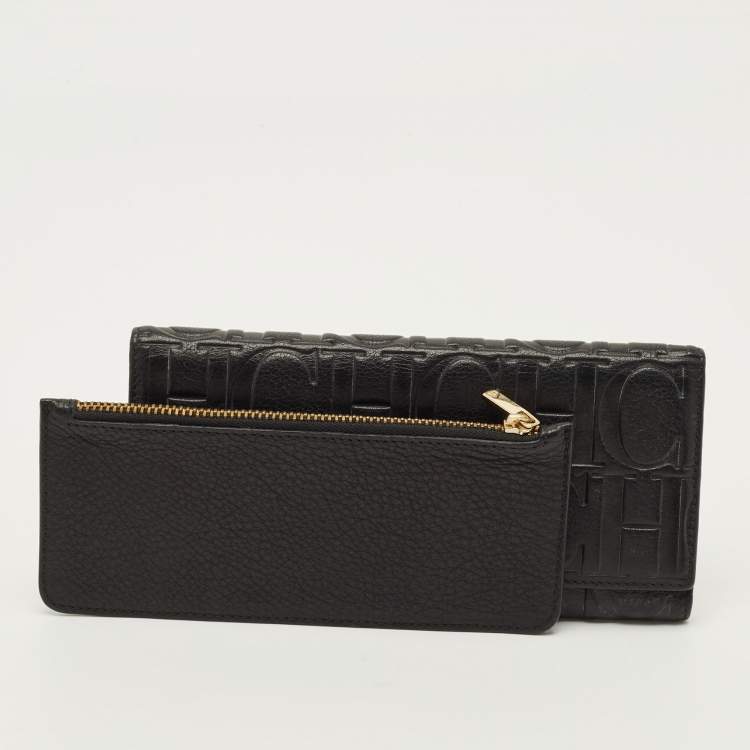 Pre Owned CH Carolina Herrera Black Monogram Embossed Leather Flap Continental Wallet