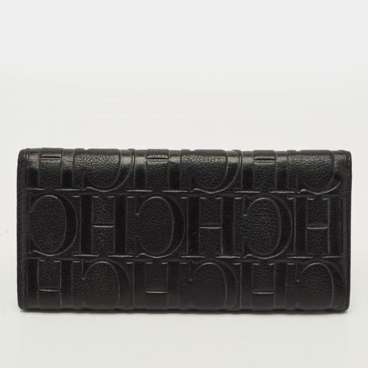 Pre Owned CH Carolina Herrera Black Monogram Embossed Leather Flap Continental Wallet