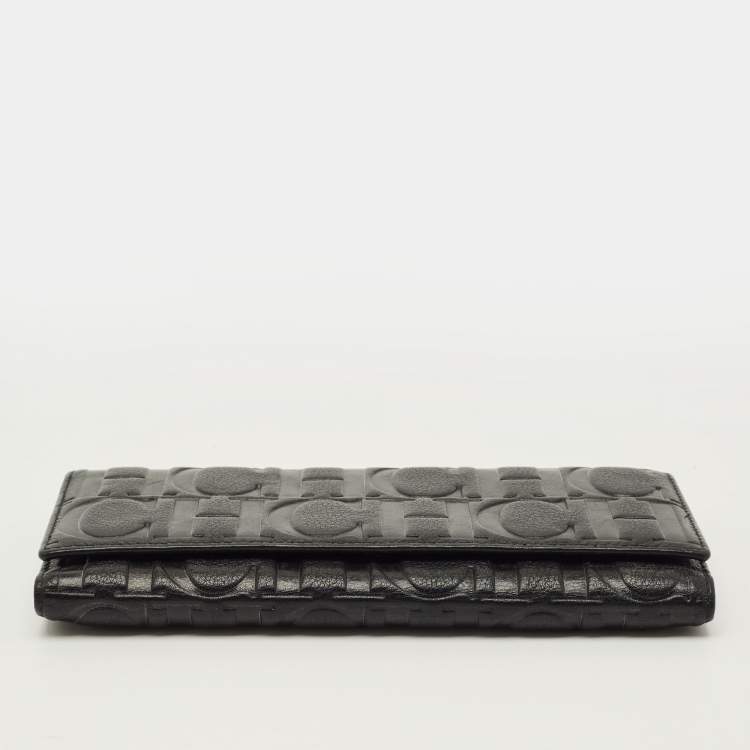 Pre Owned CH Carolina Herrera Black Monogram Embossed Leather Flap Continental Wallet