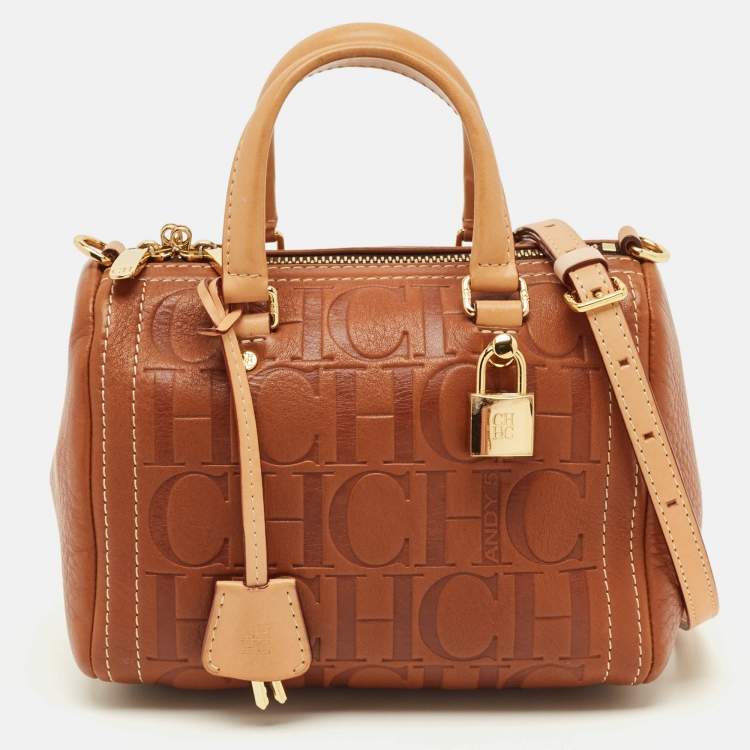 Pre Owned CH Carolina Herrera Andy Brown Monogram Embossed Leather Boston Bag