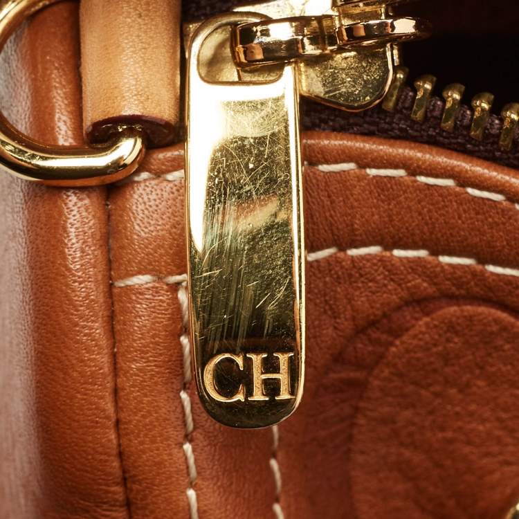 Pre Owned CH Carolina Herrera Andy Brown Monogram Embossed Leather Boston Bag