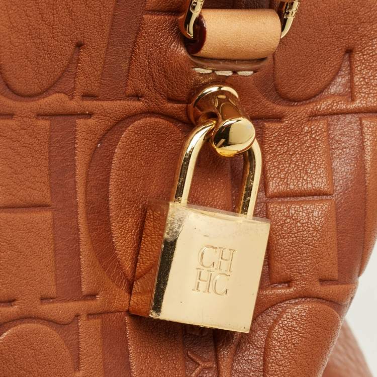 Pre Owned CH Carolina Herrera Andy Brown Monogram Embossed Leather Boston Bag