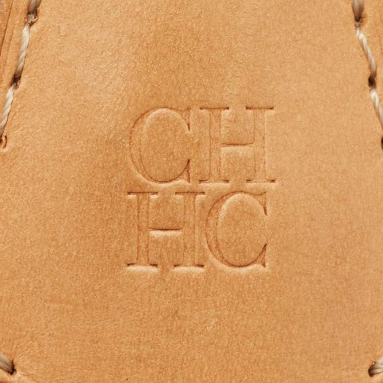 Pre Owned CH Carolina Herrera Andy Brown Monogram Embossed Leather Boston Bag