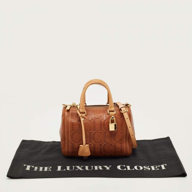 Pre Owned CH Carolina Herrera Andy Brown Monogram Embossed Leather Boston Bag