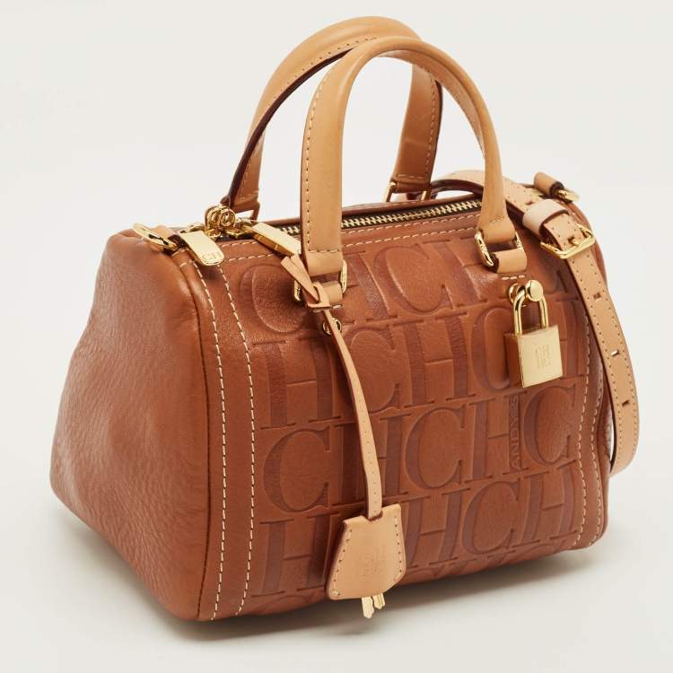 Pre Owned CH Carolina Herrera Andy Brown Monogram Embossed Leather Boston Bag