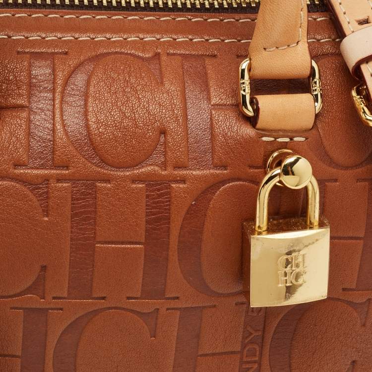 Pre Owned CH Carolina Herrera Andy Brown Monogram Embossed Leather Boston Bag