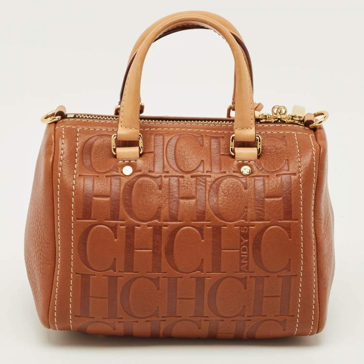 Pre Owned CH Carolina Herrera Andy Brown Monogram Embossed Leather Boston Bag