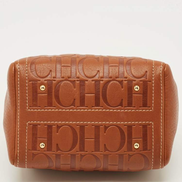 Pre Owned CH Carolina Herrera Andy Brown Monogram Embossed Leather Boston Bag