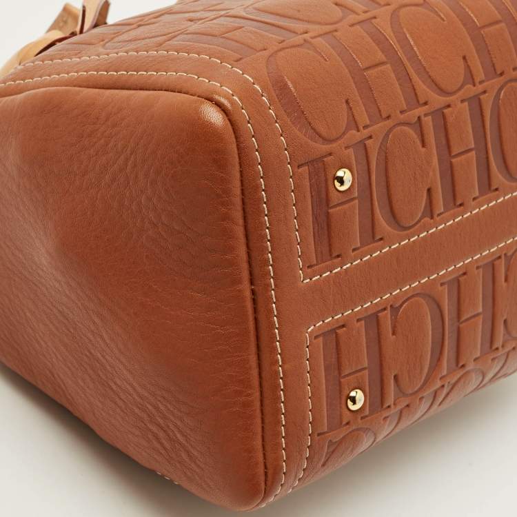 Pre Owned CH Carolina Herrera Andy Brown Monogram Embossed Leather Boston Bag