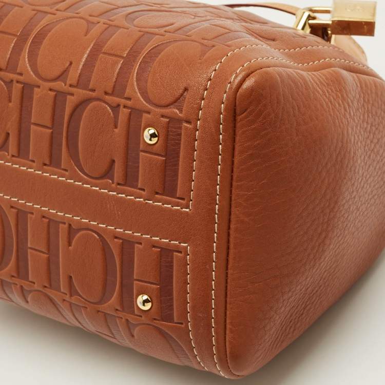 Pre Owned CH Carolina Herrera Andy Brown Monogram Embossed Leather Boston Bag